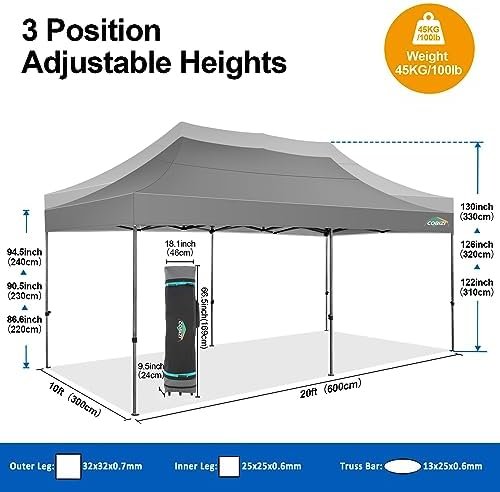 COBIZI 10x20 Pop up Canopy Tent 10x20 Canopy with 6 Sidewalls Waterproof Heavy Duty Gazebo Commercial Canopy Tent for Parties Outdoor Tent Gazebo Tent, Carry Bag with Wheel(10x20ft, Gray) Patio, Lawn & Garden - Image 6
