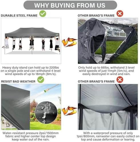 COBIZI 10x20 Pop up Canopy Tent 10x20 Canopy with 6 Sidewalls Waterproof Heavy Duty Gazebo Commercial Canopy Tent for Parties Outdoor Tent Gazebo Tent, Carry Bag with Wheel(10x20ft, Gray) Patio, Lawn & Garden - Image 2
