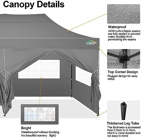 COBIZI 10x20 Pop up Canopy Tent 10x20 Canopy with 6 Sidewalls Waterproof Heavy Duty Gazebo Commercial Canopy Tent for Parties Outdoor Tent Gazebo Tent, Carry Bag with Wheel(10x20ft, Gray) Patio, Lawn & Garden - Image 5