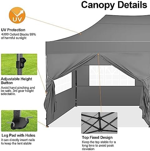 COBIZI 10x20 Pop up Canopy Tent 10x20 Canopy with 6 Sidewalls Waterproof Heavy Duty Gazebo Commercial Canopy Tent for Parties Outdoor Tent Gazebo Tent, Carry Bag with Wheel(10x20ft, Gray) Patio, Lawn & Garden - Image 4