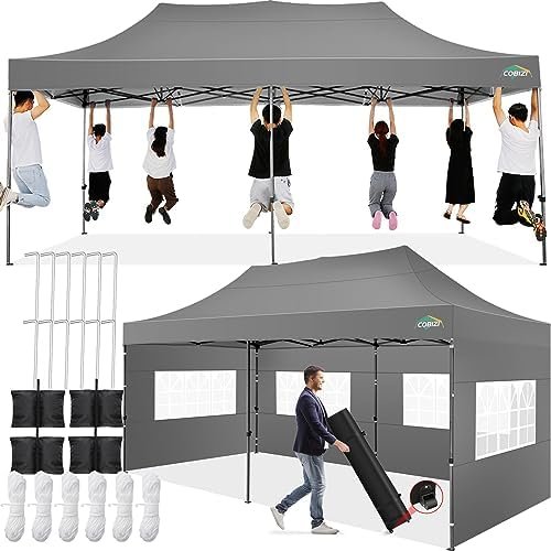 COBIZI 10x20 Pop up Canopy Tent 10x20 Canopy with 6 Sidewalls Waterproof Heavy Duty Gazebo Commercial Canopy Tent for Parties Outdoor Tent Gazebo Tent, Carry Bag with Wheel(10x20ft, Gray) Patio, Lawn & Garden