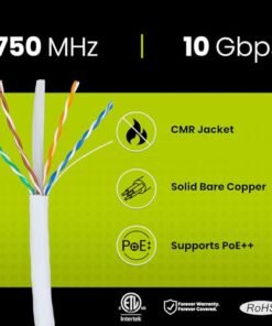 Alternative view of TRUE CABLE Cat6A Riser (CMR), Bulk Ethernet Cable, 1000ft, White, 23AWG Solid Bare Copper, Unshielded Twisted Pair (U/UTP), 750MHz, PoE++ 100W, ETL Listed